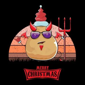 Vector funny cartoon cute demon potato with santa claus red hat, fangs, trident Stock Illustration