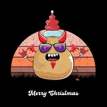 Vector funny cartoon cute demon potato with santa claus red hat, fangs, trident Stock Illustration