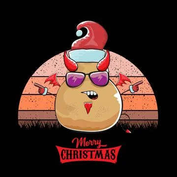 Vector funny cartoon cute demon potato with santa claus red hat, fangs, trident Stock Illustration