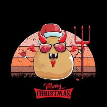 Vector funny cartoon cute demon potato with santa claus red hat, fangs, trident Stock Illustration