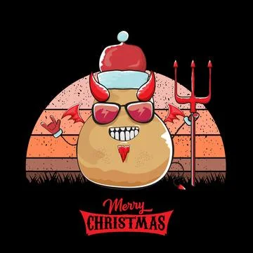 Vector funny cartoon cute demon potato with santa claus red hat, fangs, trident Stock Illustration
