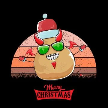 Vector funny cartoon cute demon potato with santa claus red hat, fangs, trident Stock Illustration