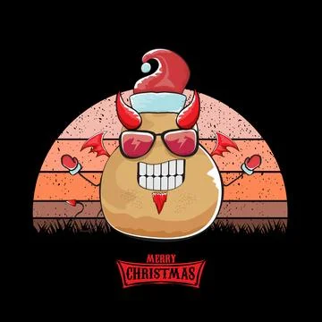 Vector funny cartoon cute demon potato with santa claus red hat, fangs, trident Stock Illustration