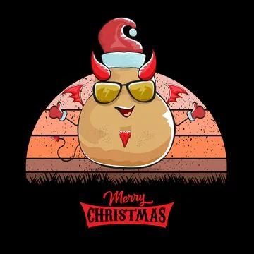 Vector funny cartoon cute demon potato with santa claus red hat, fangs, trident Stock Illustration
