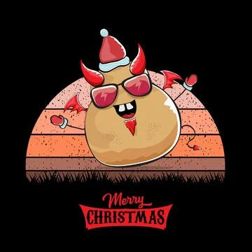 Vector funny cartoon cute demon potato with santa claus red hat, fangs, trident Stock Illustration