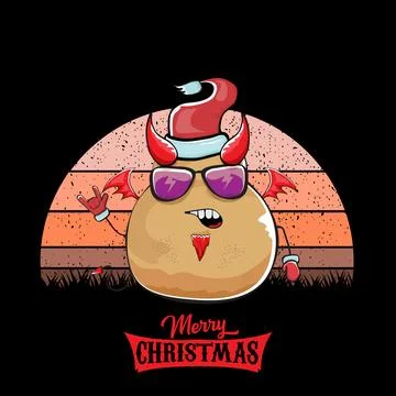 Vector funny cartoon cute demon potato with santa claus red hat, fangs, trident Stock Illustration