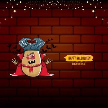 Vector funny cartoon cute dracula potato with fangs and red cape isolated on Stock Illustration