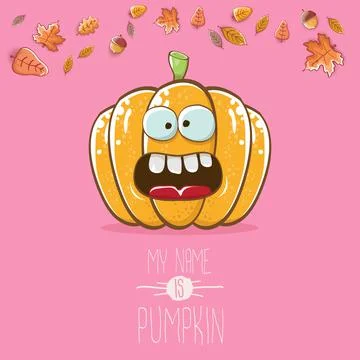 Vector funny cartoon cute orange smiling pumkin isolated on pink background. My Stock Illustration