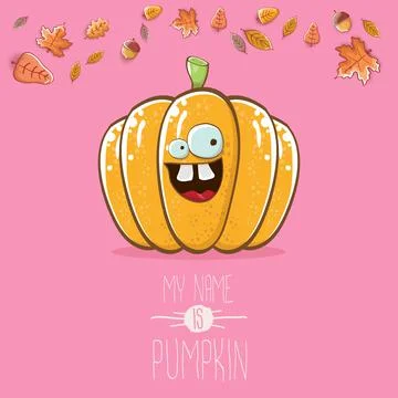 Vector funny cartoon cute orange smiling pumkin isolated on pink background. My Stock Illustration
