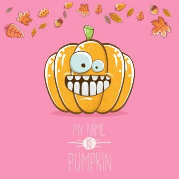 Vector funny cartoon cute orange smiling pumkin isolated on pink background. My Stock Illustration