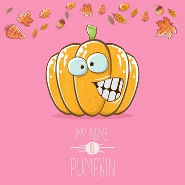 Vector funny cartoon cute orange smiling pumkin isolated on pink background. My Stock Illustration