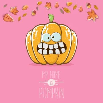 Vector funny cartoon cute orange smiling pumkin isolated on pink background. My Stock Illustration