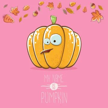 Vector funny cartoon cute orange smiling pumkin isolated on pink background. My Stock Illustration