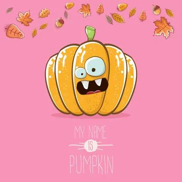 Vector funny cartoon cute orange smiling pumkin isolated on pink background. My Stock Illustration