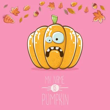Vector funny cartoon cute orange smiling pumkin isolated on pink background. My Stock Illustration