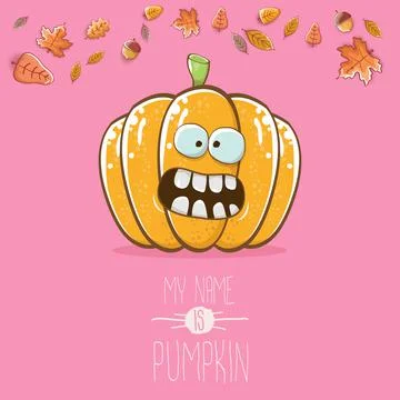 Vector funny cartoon cute orange smiling pumkin isolated on pink background. My Stock Illustration