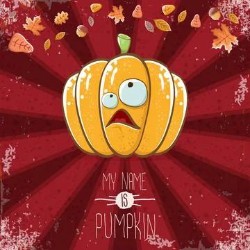 Vector funny cartoon cute orange smiling pumkin isolated on red background. My Illustrazione stock