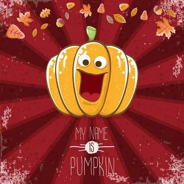 Vector funny cartoon cute orange smiling pumkin isolated on red background. My Illustrazione stock