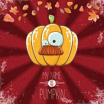 Vector funny cartoon cute orange smiling pumkin isolated on red background. My 库存插图