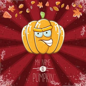 Vector funny cartoon cute orange smiling pumkin isolated on red background. My Illustrazione stock
