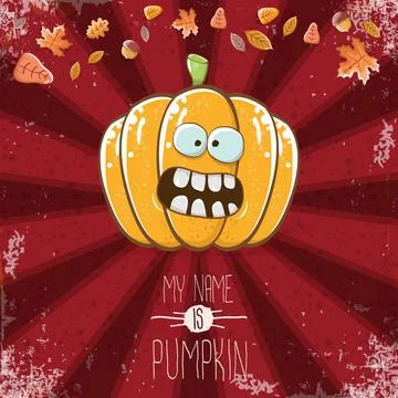 Vector funny cartoon cute orange smiling pumkin isolated on red background. My 库存插图