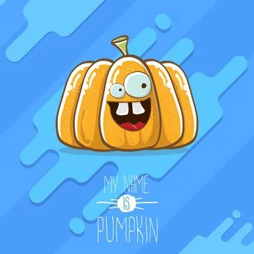 Vector funny cartoon cute orange smiling pumkin isolated on blue background. My Illustrazione stock
