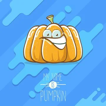 Vector funny cartoon cute orange smiling pumkin isolated on blue background. My Stock Illustration