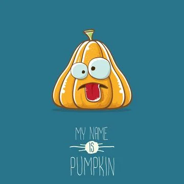 Vector funny cartoon cute orange smiling pumkin isolated on blue background. My Stock Illustration