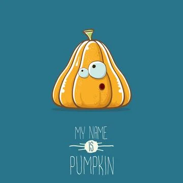 Vector funny cartoon cute orange smiling pumkin isolated on blue background. My Stock Illustration