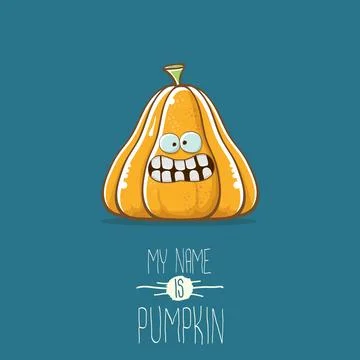 Vector funny cartoon cute orange smiling pumkin isolated on blue background. My Stock Illustration
