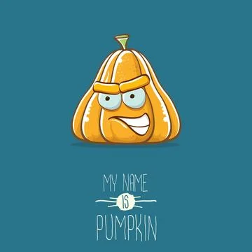 Vector funny cartoon cute orange smiling pumkin isolated on blue background. My Stock Illustration