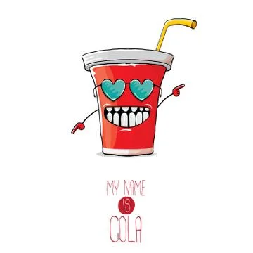 Vector funny cartoon cute red paper cola cup with straw isolated on white Stock Illustration