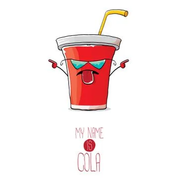 Vector funny cartoon cute red paper cola cup with straw isolated on white Stock Illustration