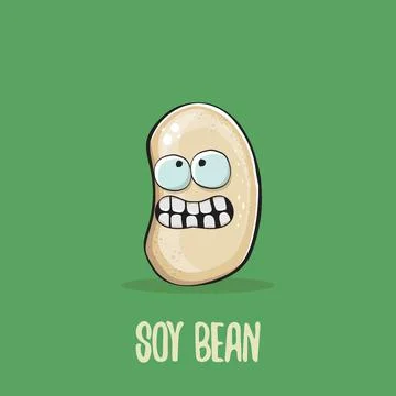 Vector funny cartoon cute soybean character isolated on green background. Japan Stock Illustration