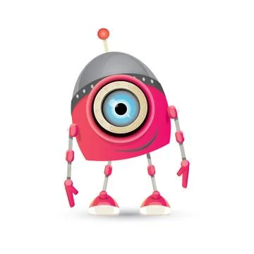 Vector funny cartoon pink friendly robot character Isolated on white background Stock Illustration