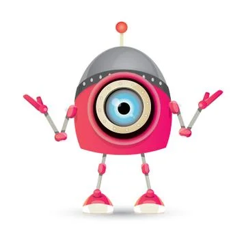 Vector funny cartoon pink friendly robot character Isolated on white background Stock Illustration