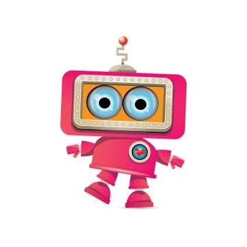 Vector funny cartoon pink friendly robot character Isolated on white background Stock Illustration