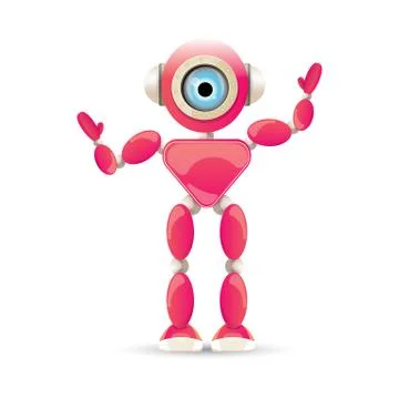 Vector funny cartoon pink friendly robot character Isolated on white background Stock Illustration