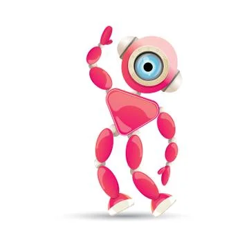 Vector funny cartoon pink friendly robot character Isolated on white background Stock Illustration