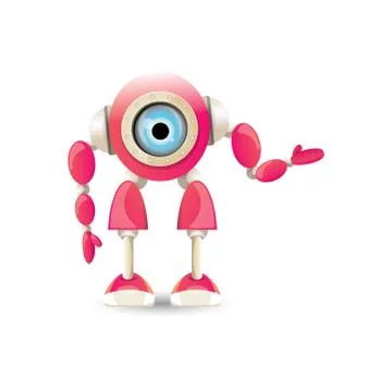 Vector funny cartoon pink friendly robot character Isolated on white background Stock Illustration