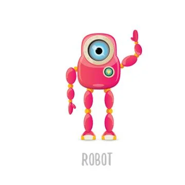 Vector funny cartoon pink friendly robot character Isolated on white background Stock Illustration