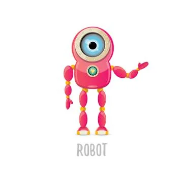 Vector funny cartoon pink friendly robot character Isolated on white background Stock Illustration
