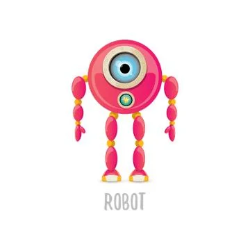 Vector funny cartoon pink friendly robot character Isolated on white background Stock Illustration