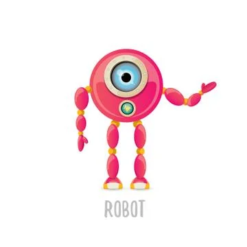 Vector funny cartoon pink friendly robot character Isolated on white background Stock Illustration