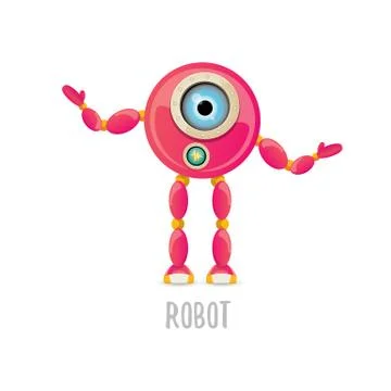 Vector funny cartoon pink friendly robot character Isolated on white background Stock Illustration