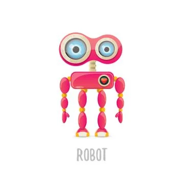 Vector funny cartoon pink friendly robot character Isolated on white background Stock Illustration