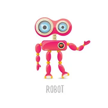 Vector funny cartoon pink friendly robot character Isolated on white background Stock Illustration