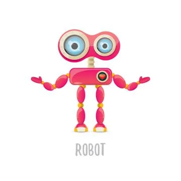 Vector funny cartoon pink friendly robot character Isolated on white background Stock Illustration