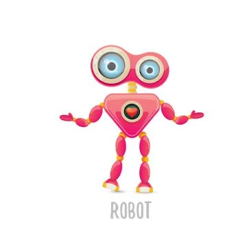 Vector funny cartoon pink friendly robot character Isolated on white background Stock Illustration