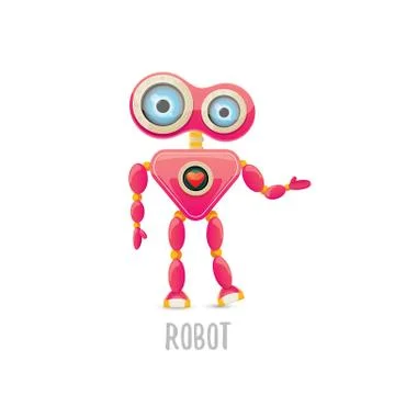 Vector funny cartoon pink friendly robot character Isolated on white background Stock Illustration